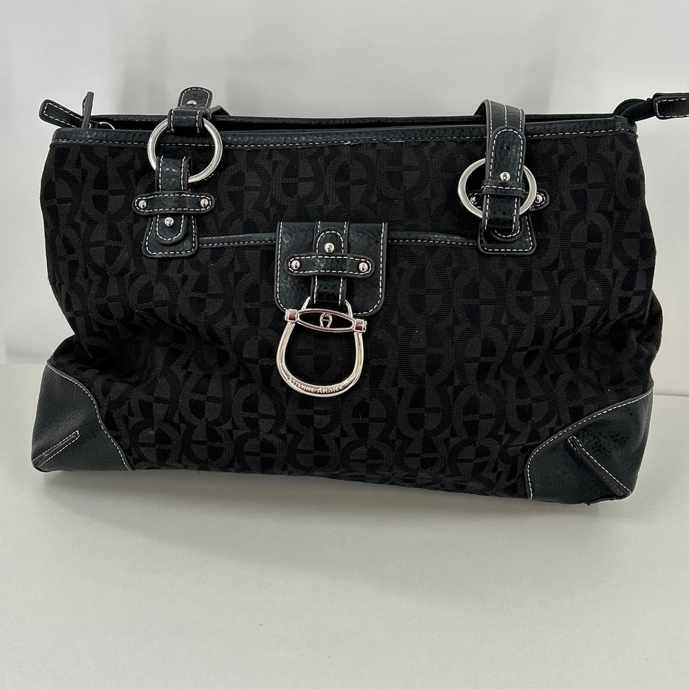 Etienne Aigner Black Monogram Jacquard Shoulder Bag Horsebit Satchel Purse